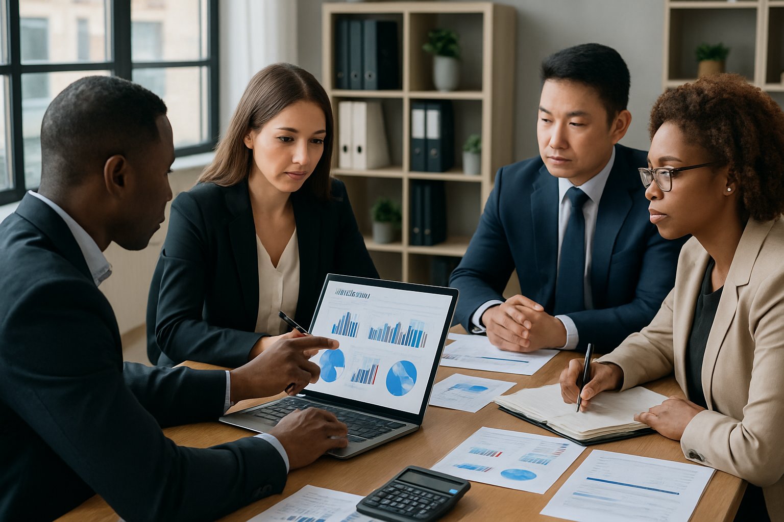 A group of business professionals working together around a table with laptops and financial documents in an office.