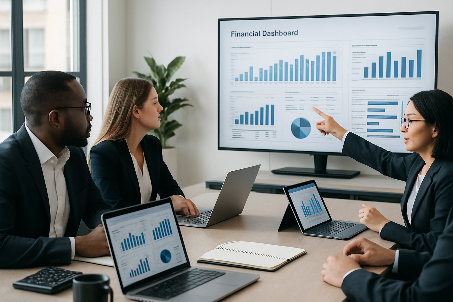 A group of business professionals working together around a table with laptops and digital screens displaying financial data in a modern office.