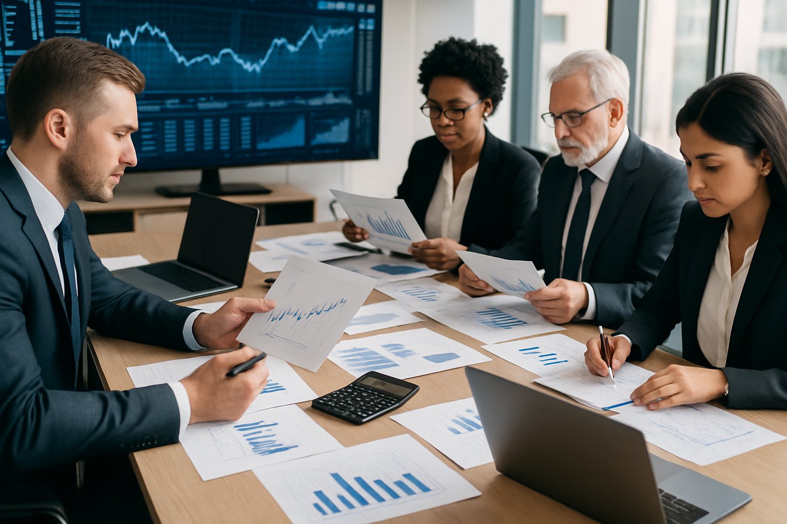 Business professionals reviewing financial documents and charts in a modern office setting.