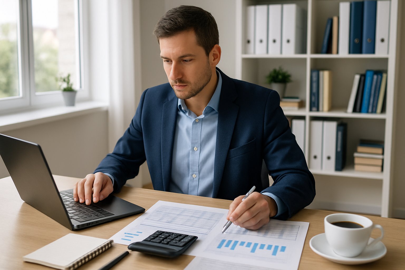 A person working at a desk with a laptop and financial documents in a bright office.