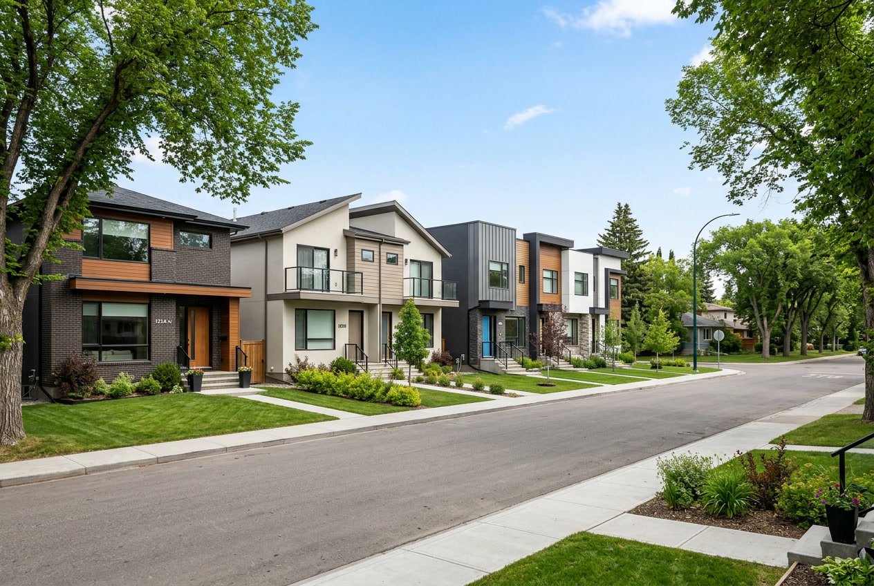 A neighbourhood in Calgary with newly built houses of different styles surrounded by trees and lawns.