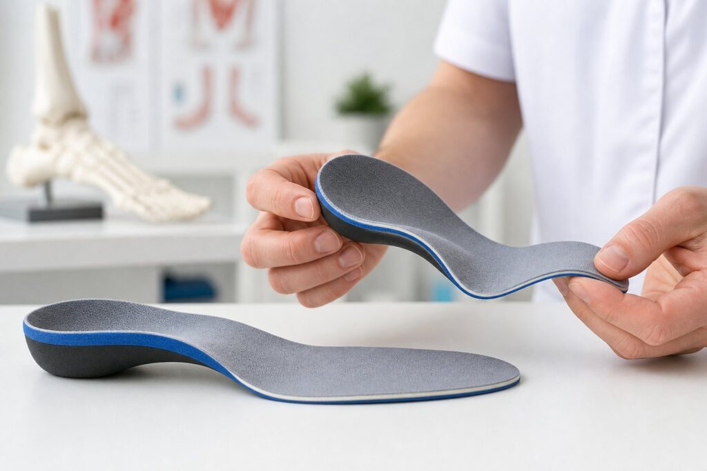 Clinician holding custom orthotic insoles in a foot care clinic