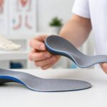 Clinician holding custom orthotic insoles in a foot care clinic