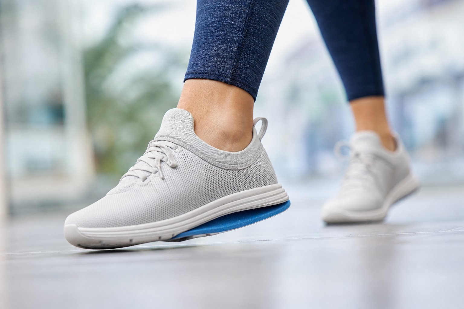 Close-up of a person's feet walking with custom orthotic insoles visible inside their shoes.