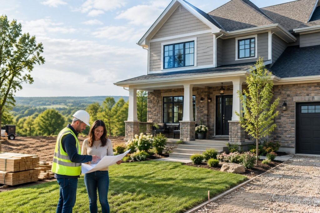 Builder and homeowner reviewing plans outside a newly built house