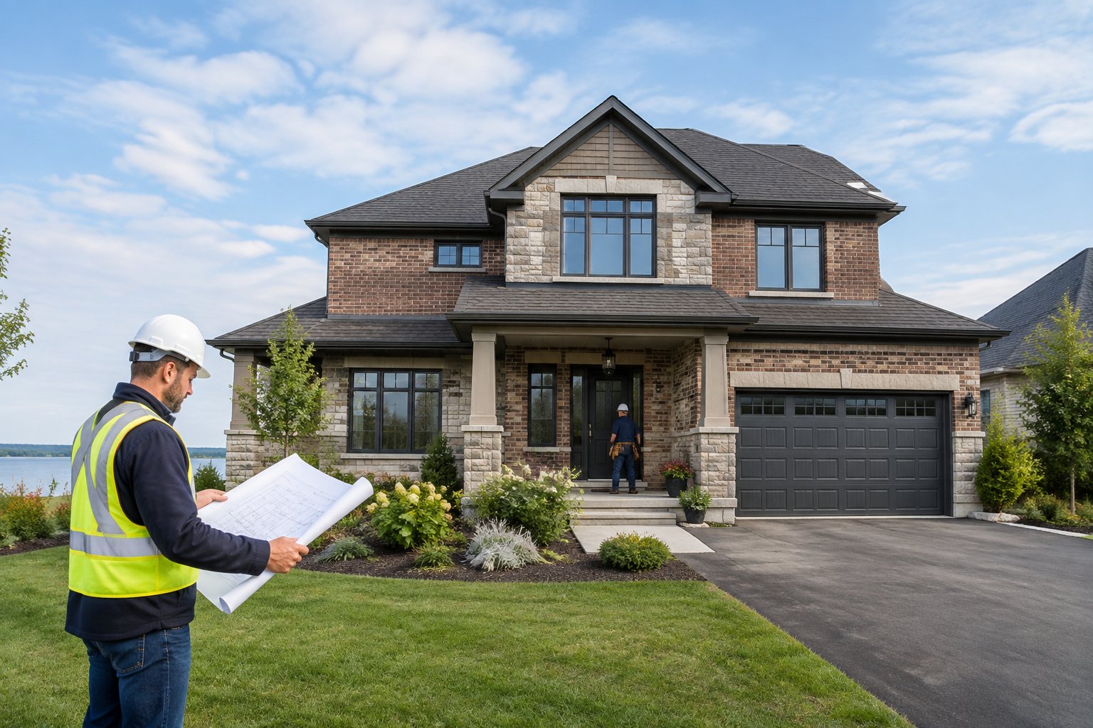 A construction professional reviews building plans outside a newly built family home.