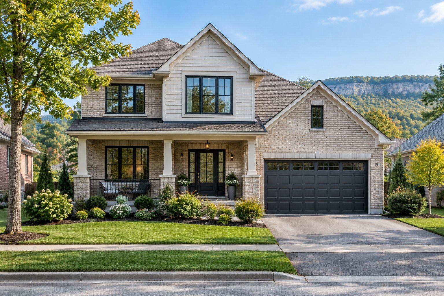 A newly built family home with a landscaped front garden and mature trees nearby.
