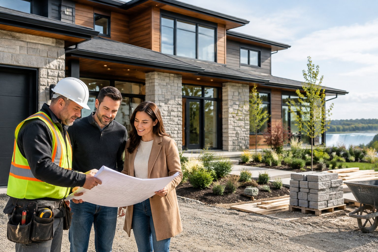 A construction professional reviews plans with a couple outside their newly built home.
