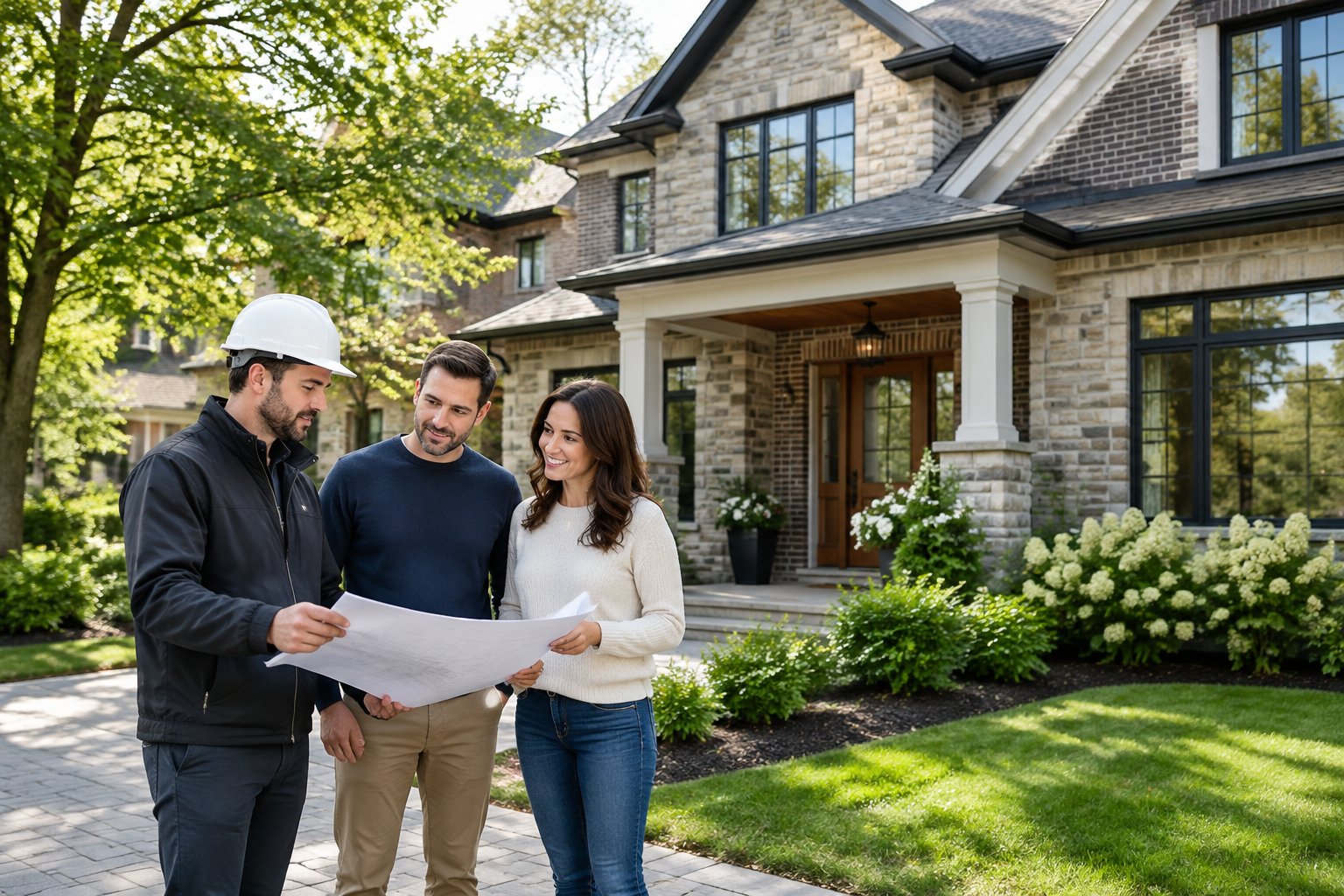 A builder reviews plans with a couple outside their newly completed home.