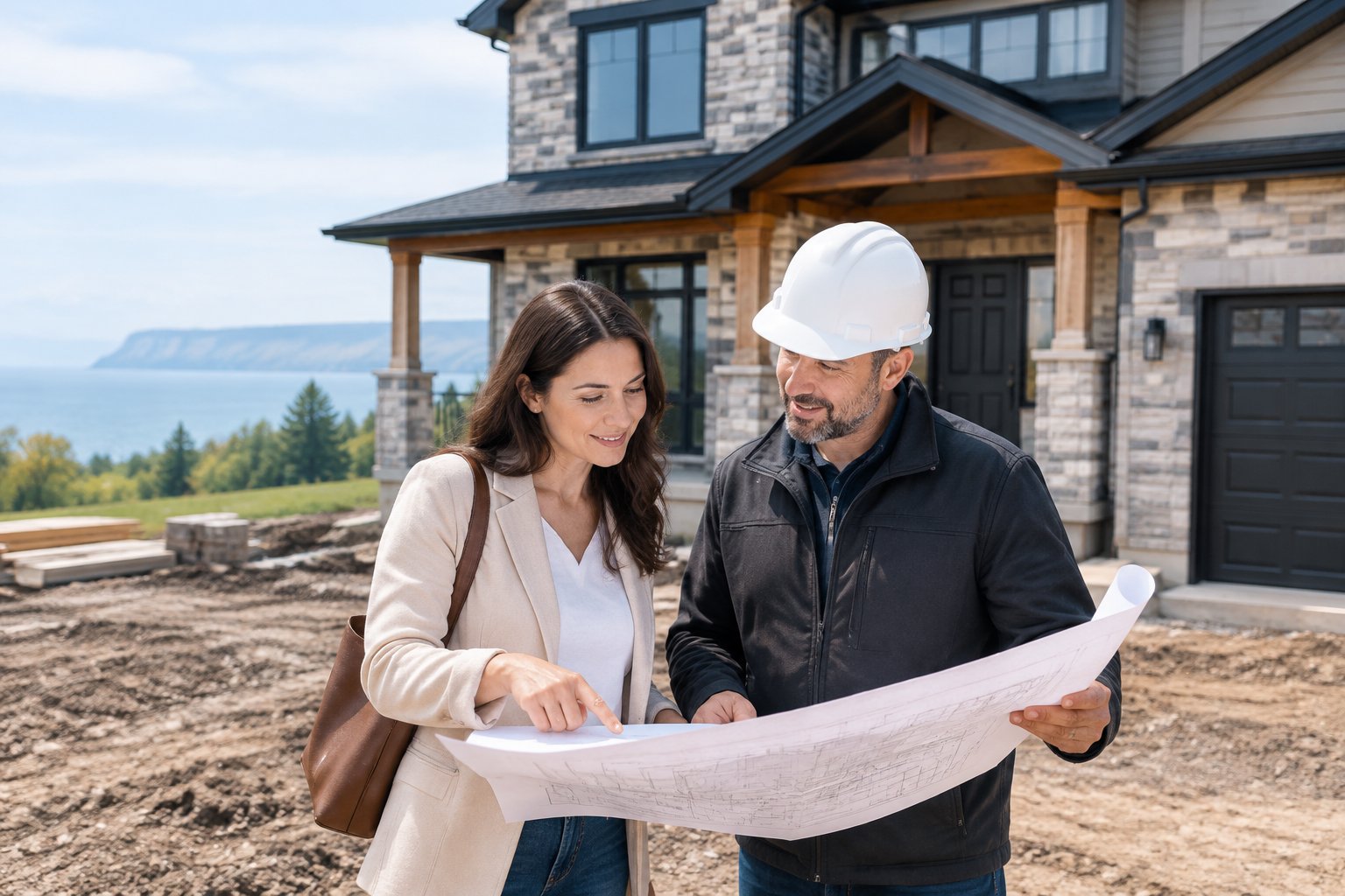 A prospective homeowner and a builder review house plans outside a newly built home.