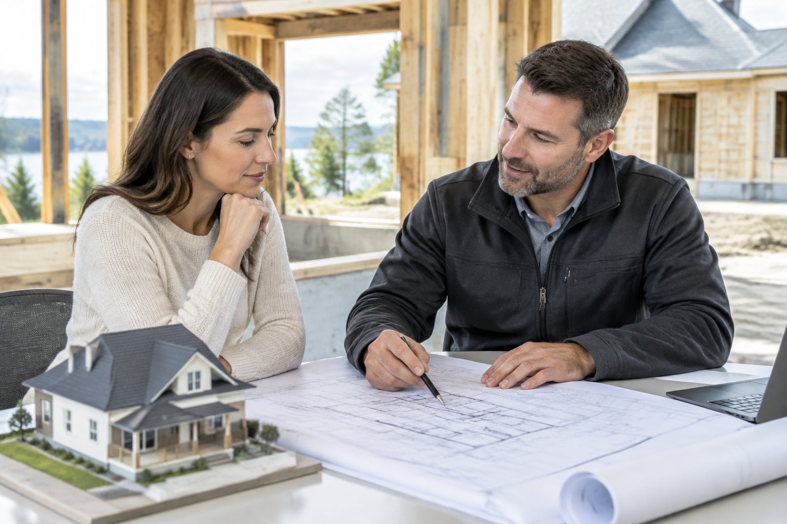 A homeowner and a builder review house plans at a construction site.