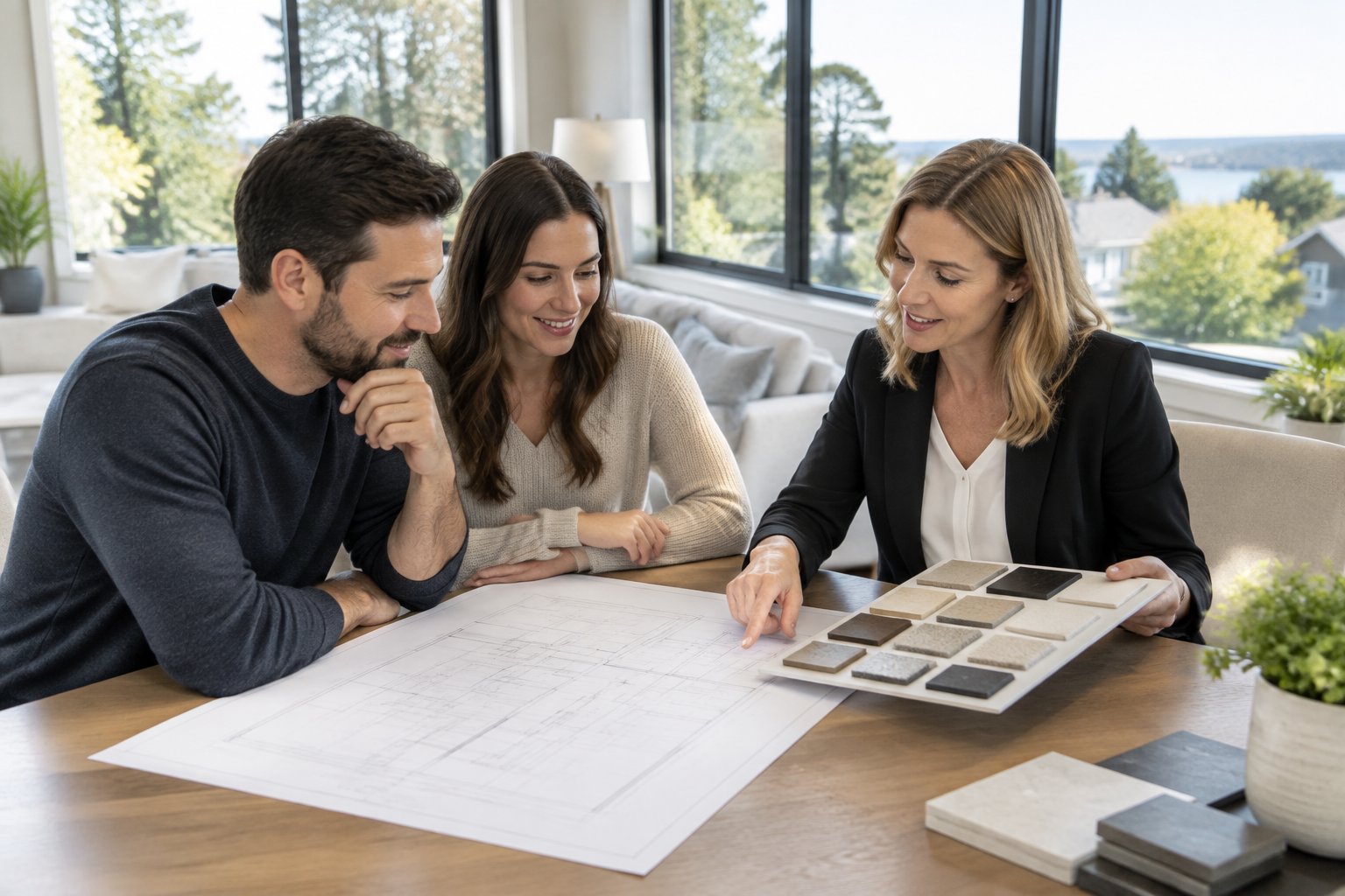 A couple reviews home plans with a builder in a bright model home.